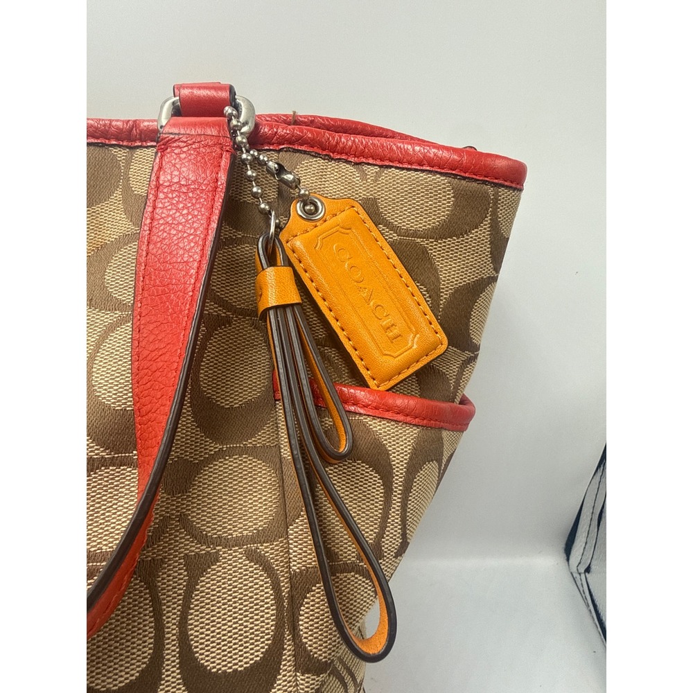 Coach Taylor Signature Tote Khaki Red Leather Trim Shoulder Bag F23295 - Picture 3 of 8